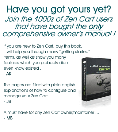 Have you got yours yet? Join the 1000's of Zen Cart users that have bought the only comprehensive owners manual ! get your manual today