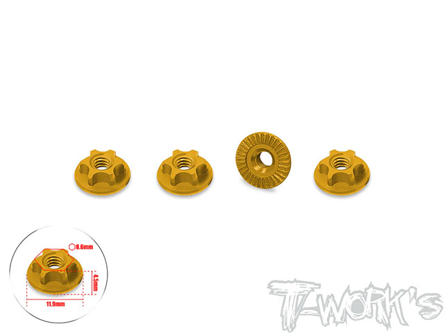 TA-166-A-G　アルミ製8/32インチホイールナット・インチHEXソケット仕様【ゴールド/セレート付き/4個入】